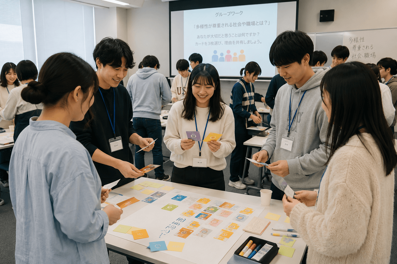 研修でカードを使ったグループワークに取り組む参加者たち